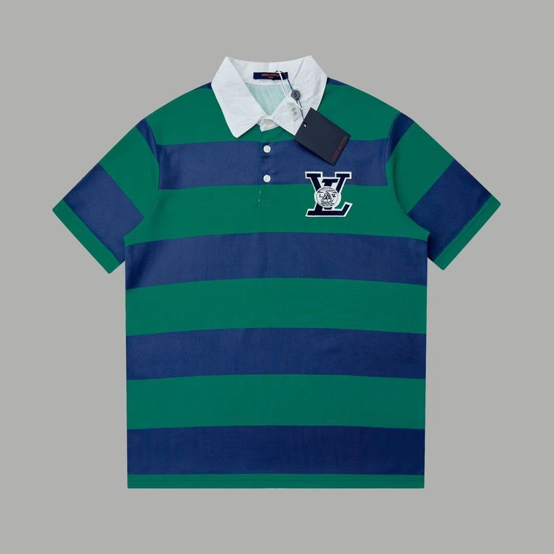 LV Green & Navy Striped Polo Shirt – Contrast Collar Detail