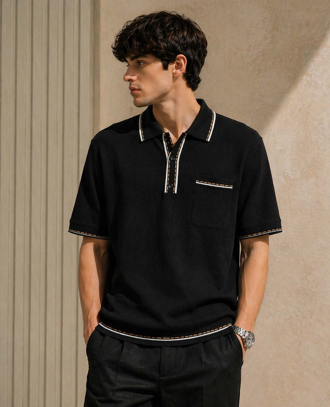 Black Knit Polo – Premium Textured Luxury Fit