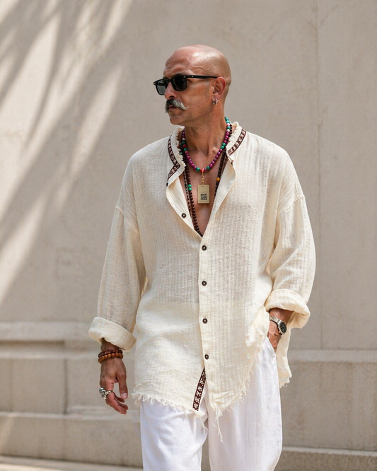 Cream Textured Boho Shirt – Raw Edge Relaxed Fit