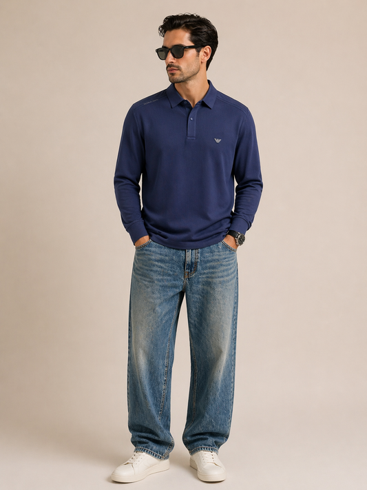 Emporio Armani Navy Long Sleeve Polo Shirt – Premium Minimal Luxury Fit