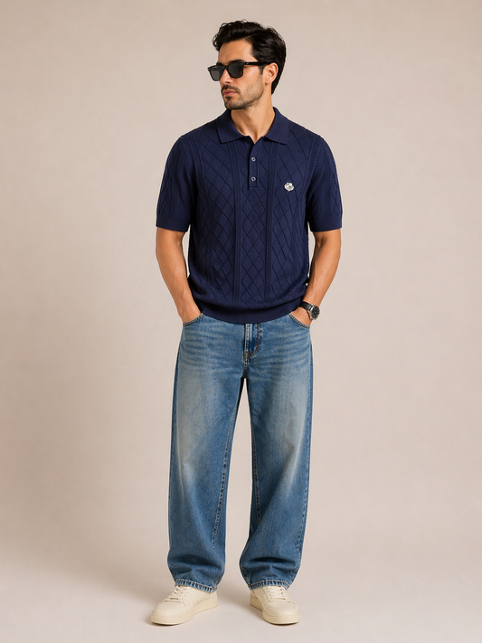 Loro Piana Textured Knit Polo Shirt – Navy Premium Luxury Fit