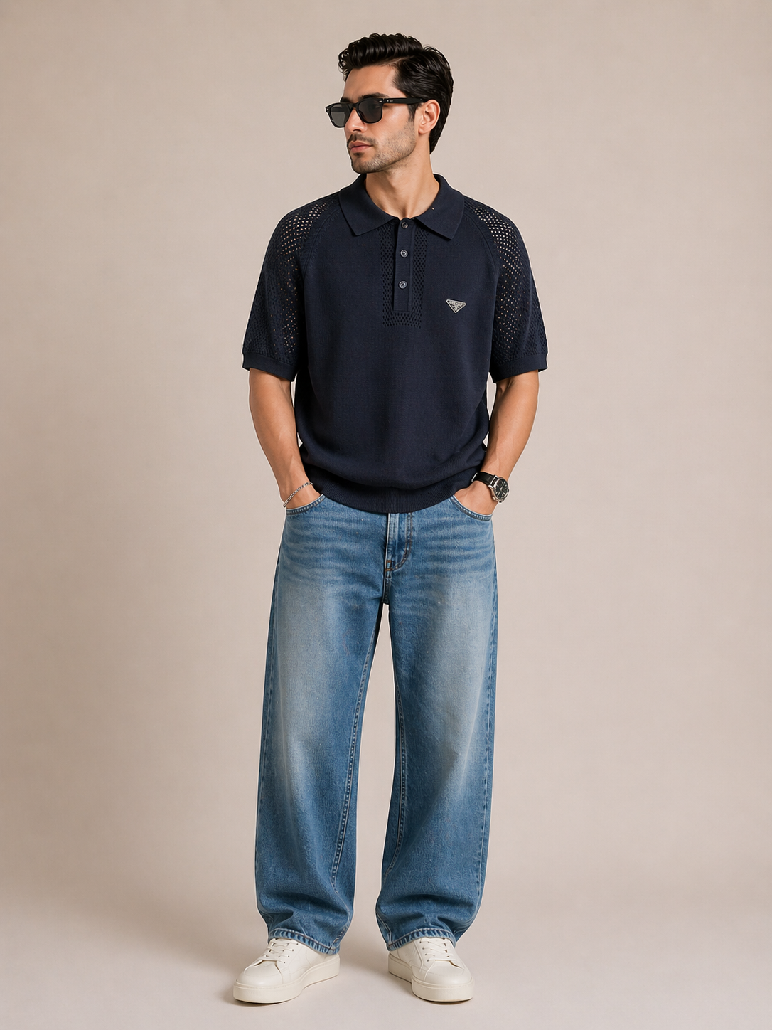Prada Perforated Knit Polo Shirt – Navy Luxury Minimal Design