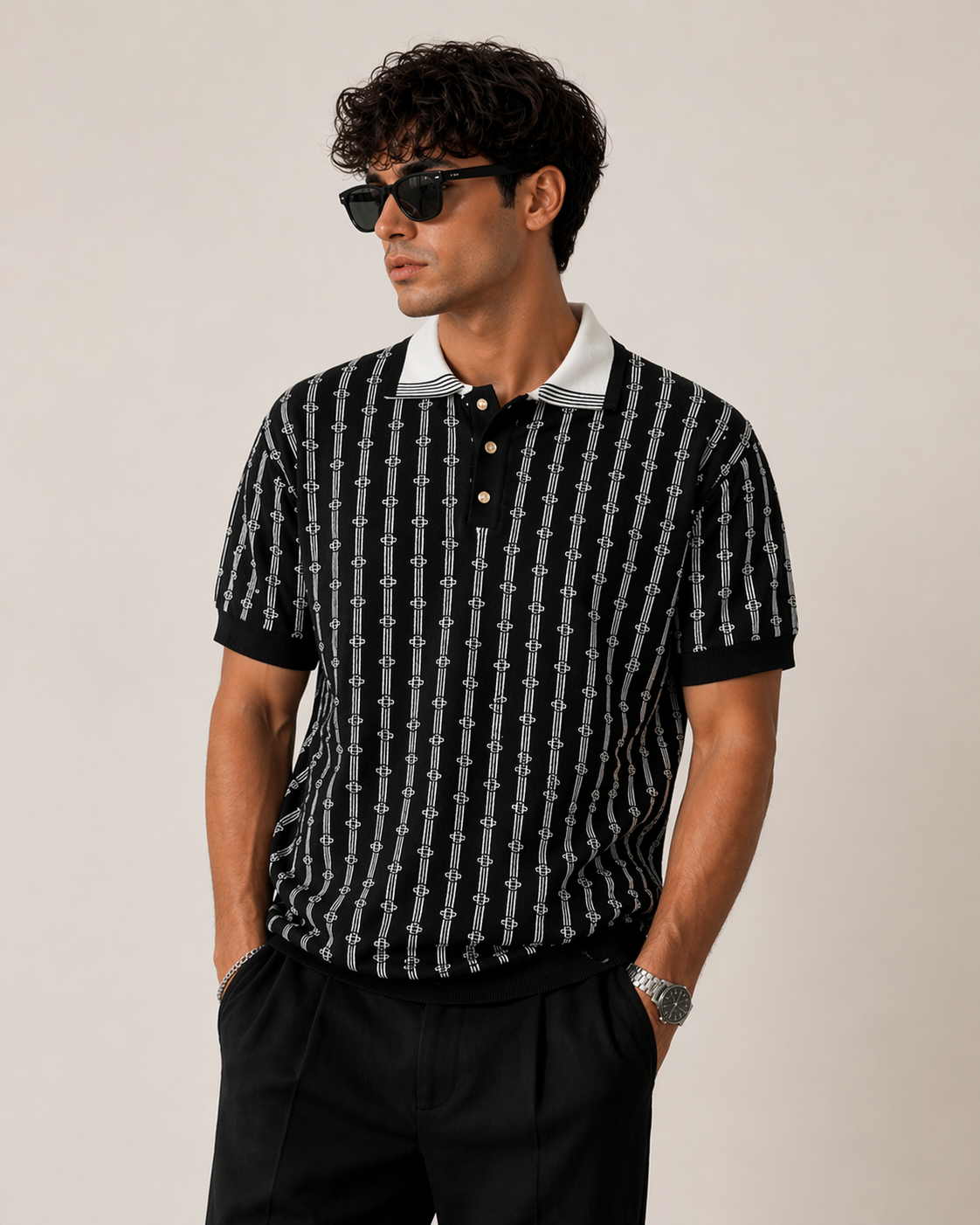Black Pattern Knit Polo – Luxury Statement Fit