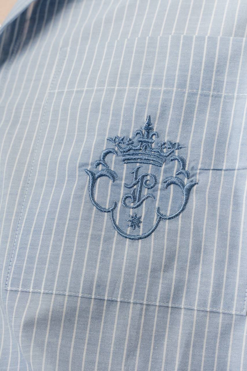 Classic Sky Blue Striped Shirt – Embroidered Crest Detail