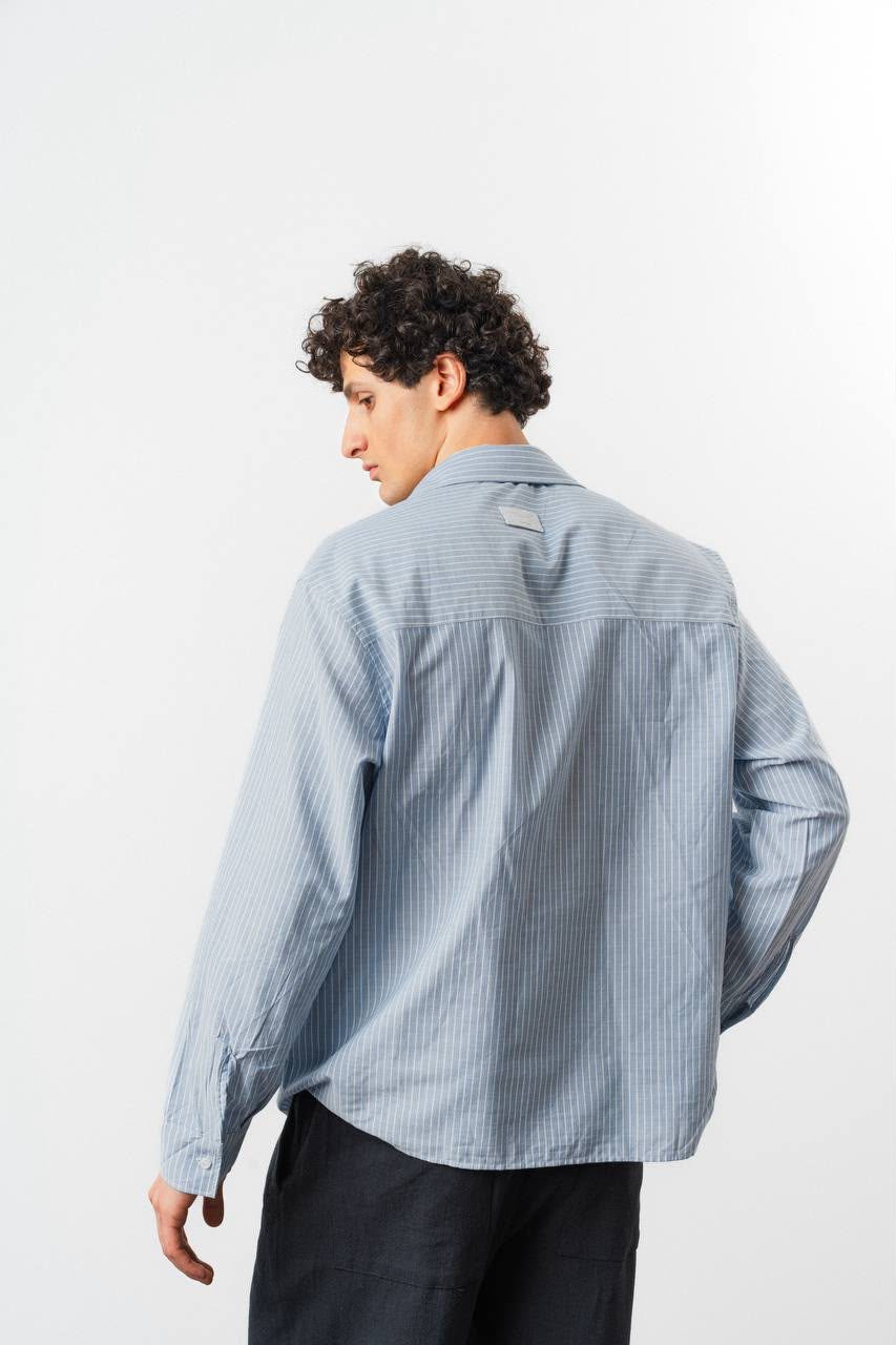 Classic Sky Blue Striped Shirt – Embroidered Crest Detail