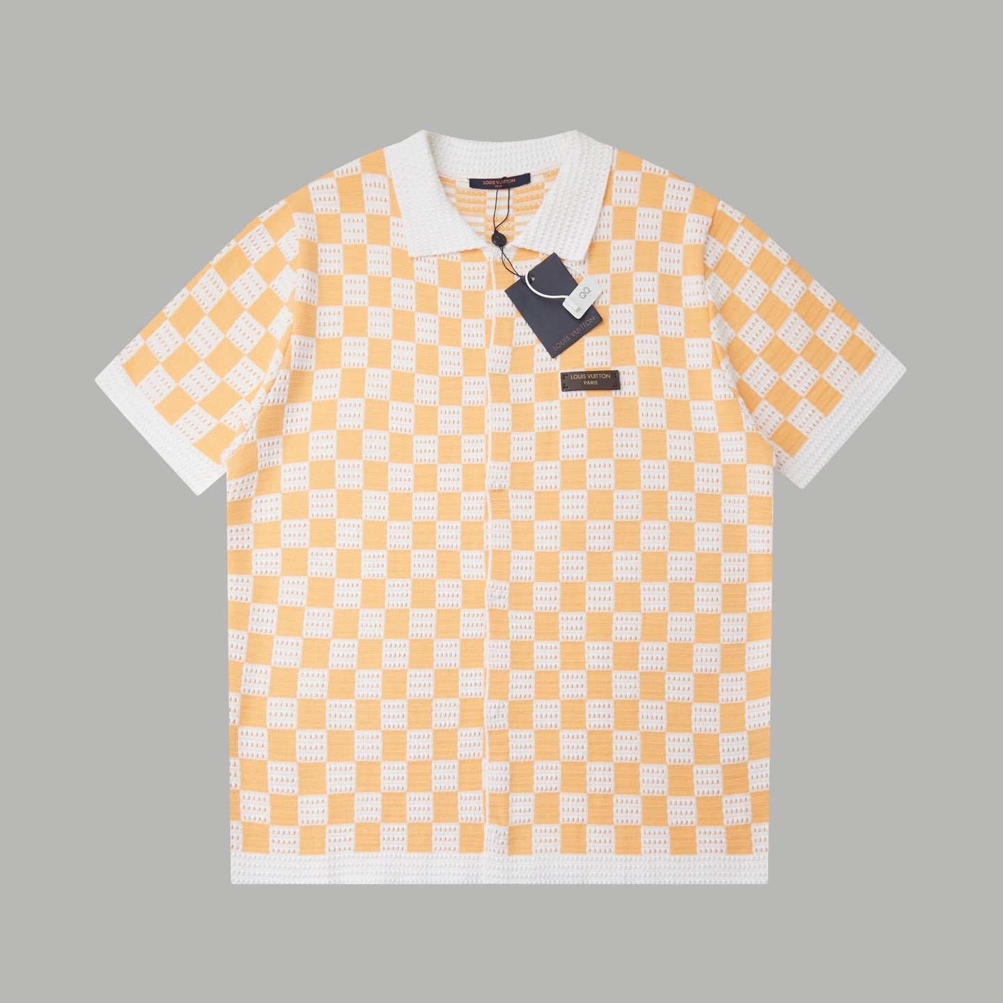 Louis Vuitton Orange & White Checkered Polo Shirt – Textured Knit Design