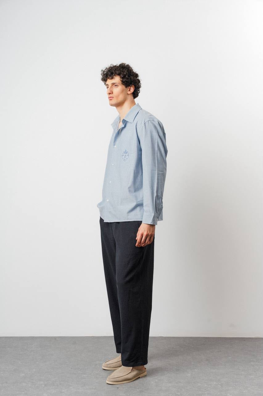 Classic Sky Blue Striped Shirt – Embroidered Crest Detail