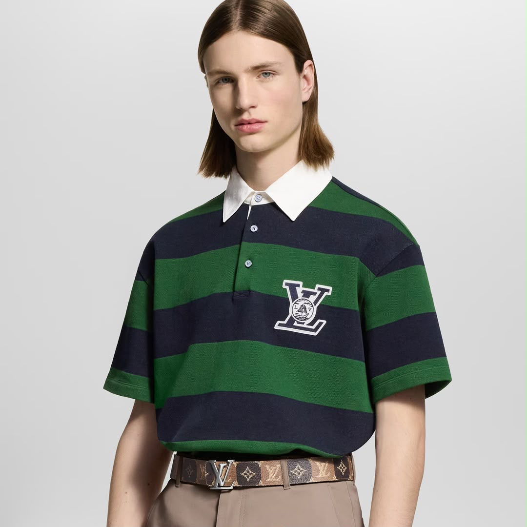 LV Green & Navy Striped Polo Shirt – Contrast Collar Detail