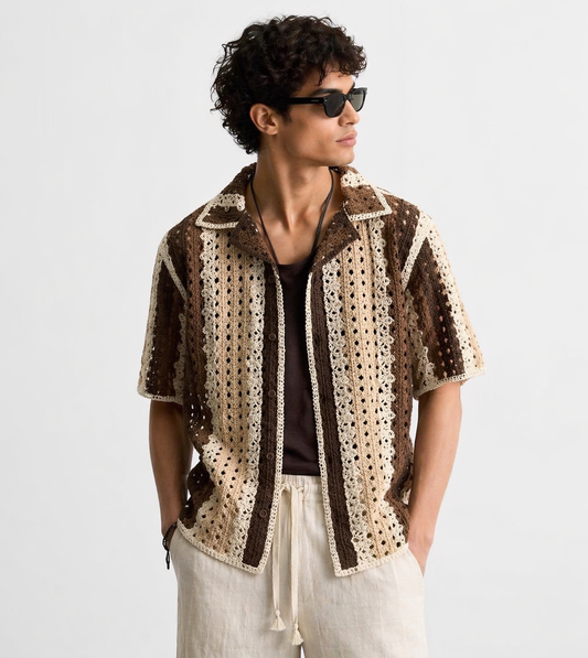 Vintage Crochet Shirt – Brown & Beige Striped Relaxed Fit