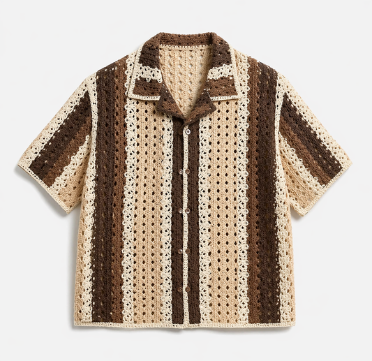 Vintage Crochet Shirt – Brown & Beige Striped Relaxed Fit