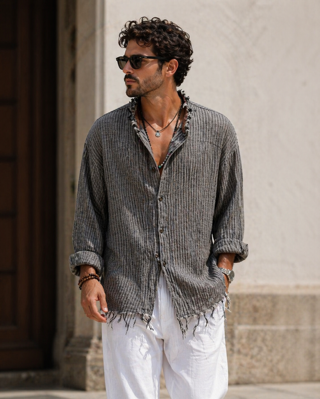 Textured Grey Raw Shirt – Relaxed Boho Fit