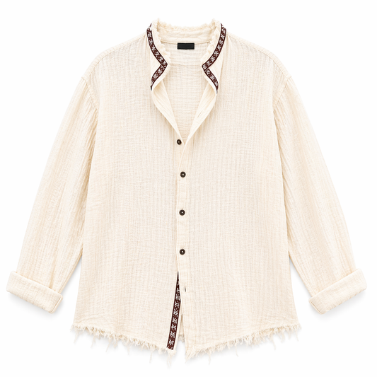 Cream Textured Boho Shirt – Raw Edge Relaxed Fit
