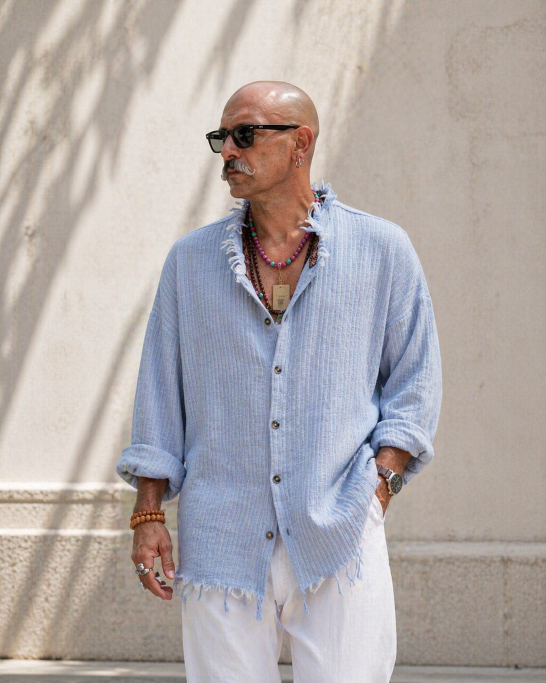 Sky Blue Textured Shirt – Raw Edge Relaxed Fit