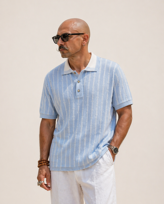 Sky Blue Knit Polo – Textured Summer Fit
