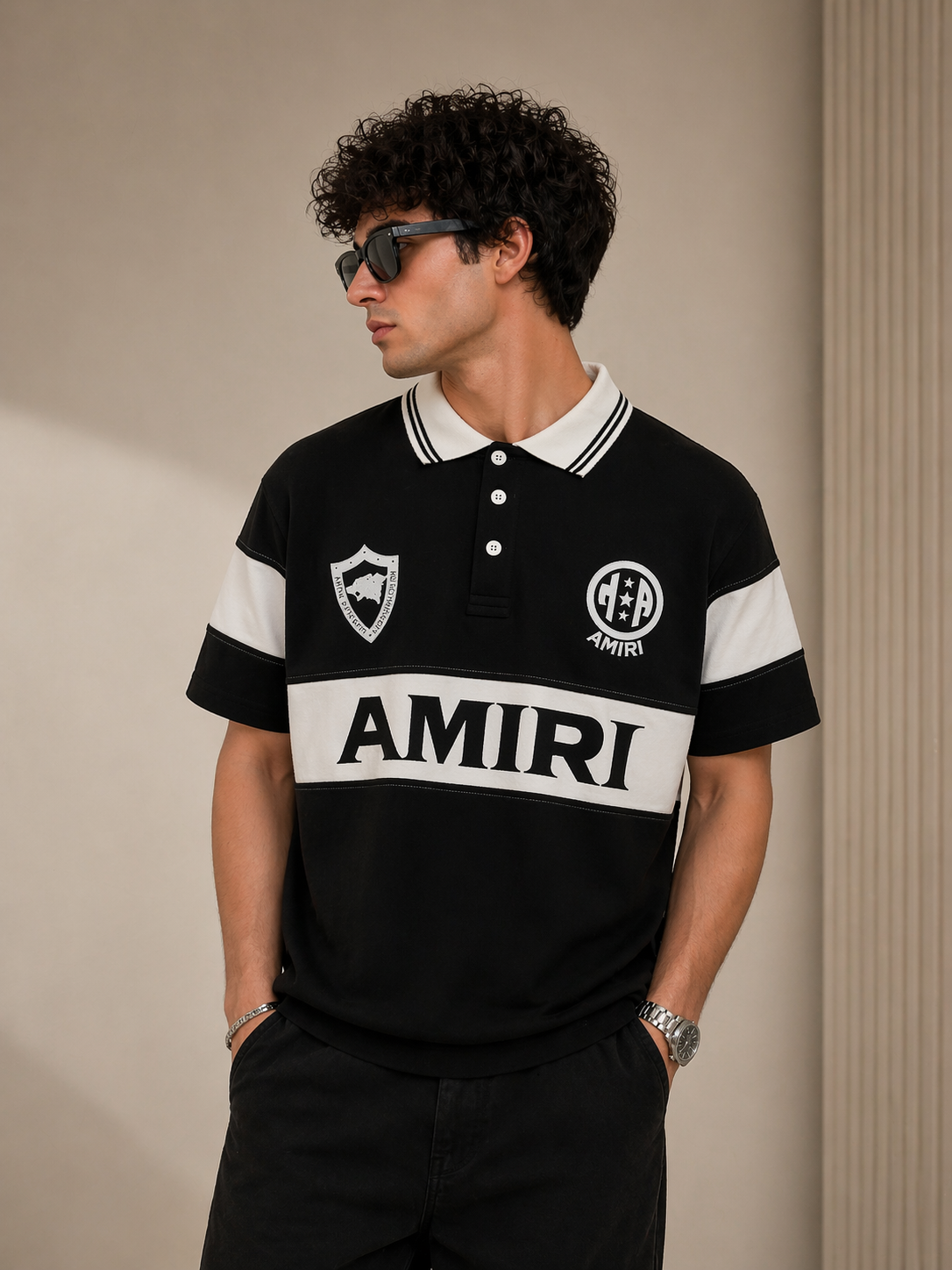 Amiri Black & White Polo T-Shirt – Bold Logo Edition