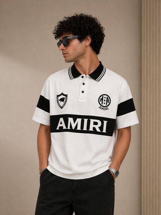 Amiri White & Black Polo T-Shirt – Bold Logo Edition