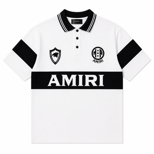 Amiri White & Black Polo T-Shirt – Bold Logo Edition