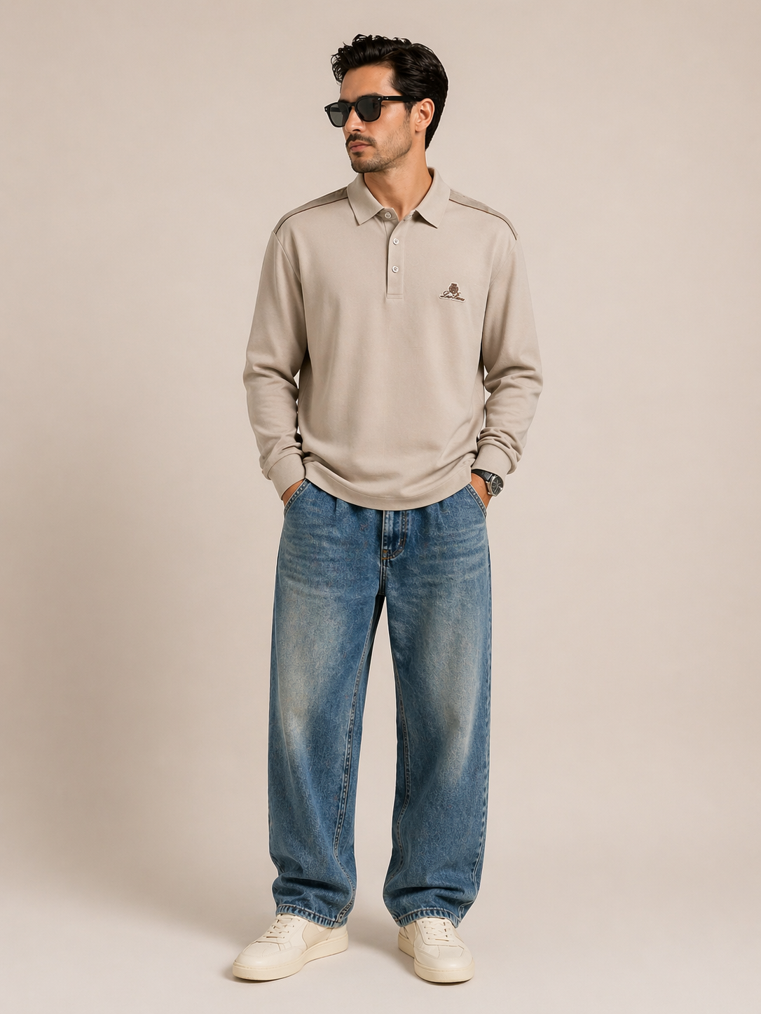Loro Piana Knit Polo Shirt – Premium Beige Long Sleeve Luxury Fit