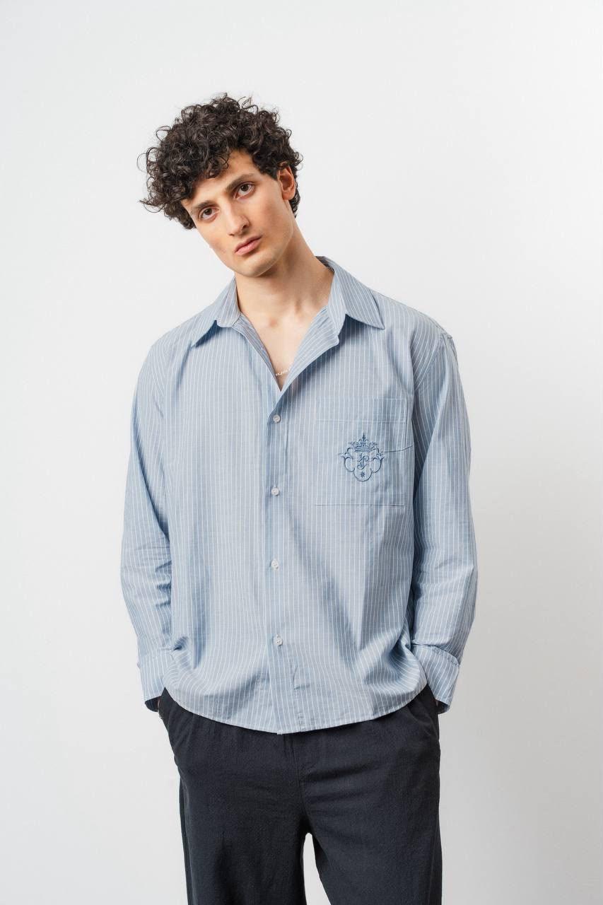 Classic Sky Blue Striped Shirt – Embroidered Crest Detail